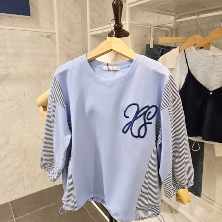 자수 배색 스트링 티셔츠