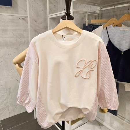 자수 배색 스트링 티셔츠