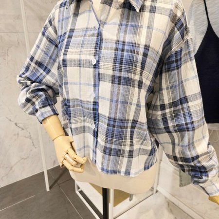 하프 크롭 체크 셔츠