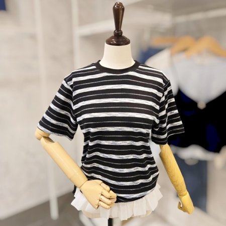 밑단 플리츠 줄무늬 티셔츠