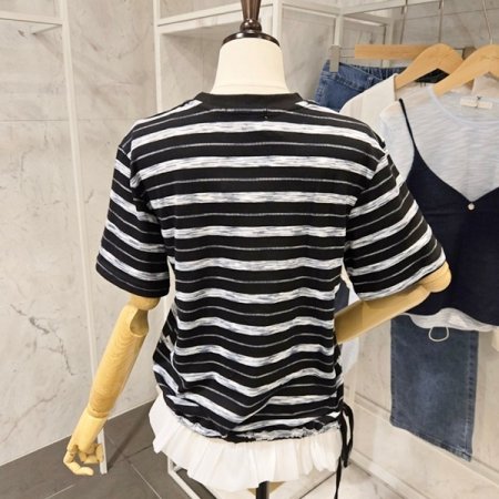 밑단 플리츠 줄무늬 티셔츠