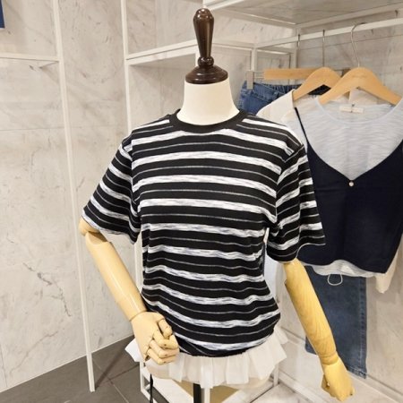 밑단 플리츠 줄무늬 티셔츠