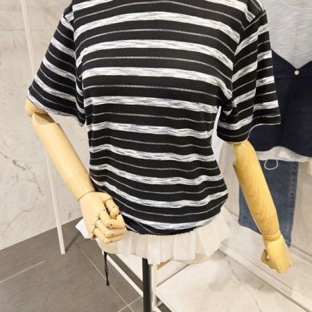 밑단 플리츠 줄무늬 티셔츠