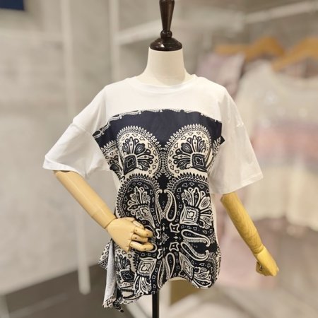 프린트 배색 반팔 티셔츠