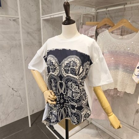 프린트 배색 반팔 티셔츠