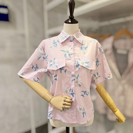 페이크 포켓 줄지 셔츠