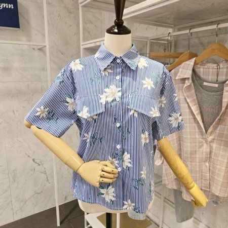 페이크 포켓 줄지 셔츠