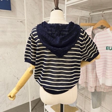 레이스 후드 줄무늬 니트