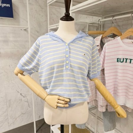 레이스 후드 줄무늬 니트