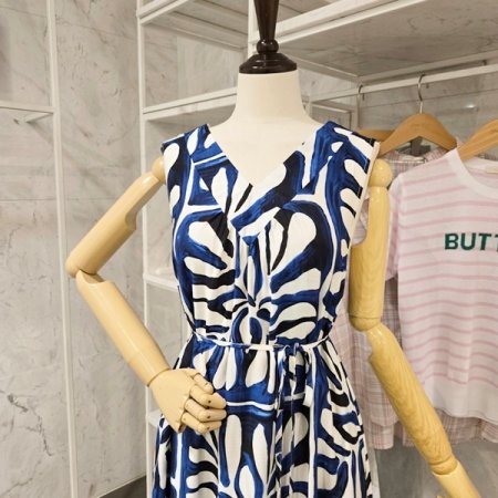 브이넥 나염 끈 원피스