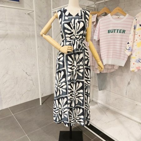 브이넥 나염 끈 원피스