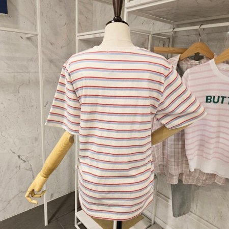 레터링 스트라이프 라운드 티셔츠