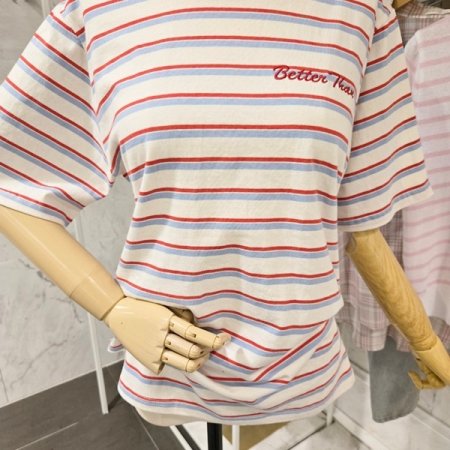 레터링 스트라이프 라운드 티셔츠