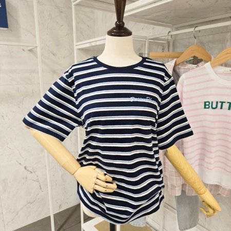 레터링 스트라이프 라운드 티셔츠