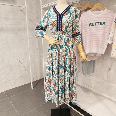 허리 밴딩 브이넥 원피스