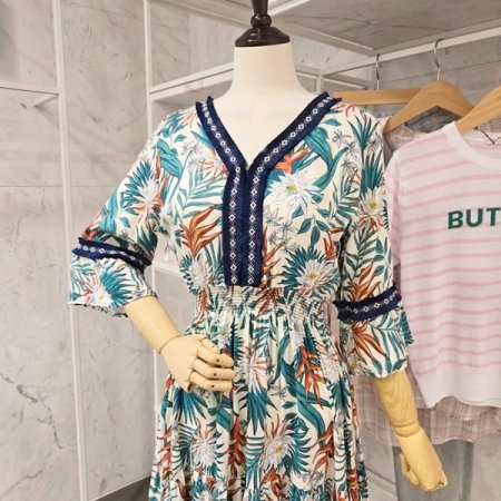 허리 밴딩 브이넥 원피스