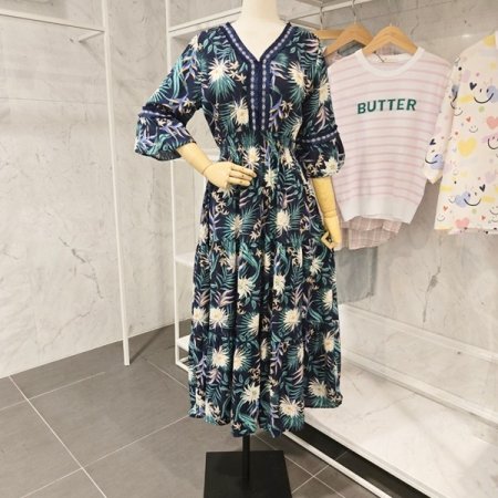 허리 밴딩 브이넥 원피스