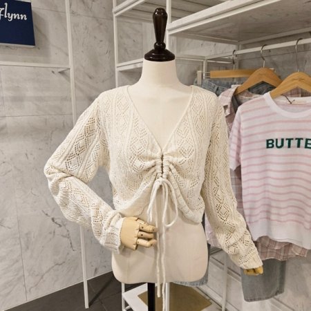 스트링 크롭 브이넥 가디건