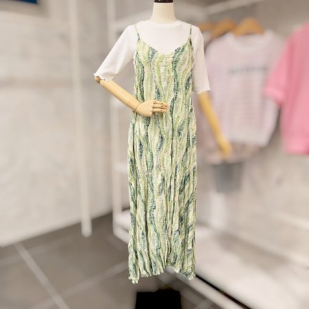 링클 프린트 끈 롱 원피스