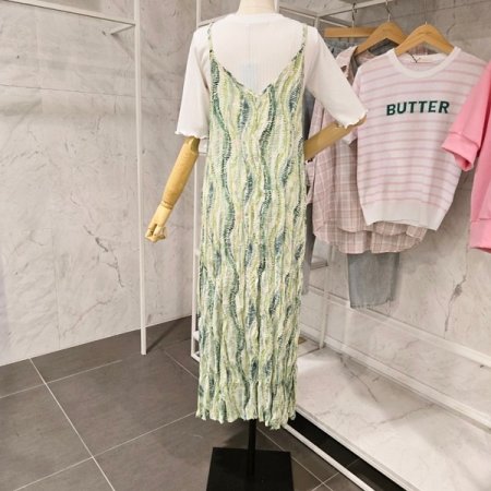 링클 프린트 끈 롱 원피스