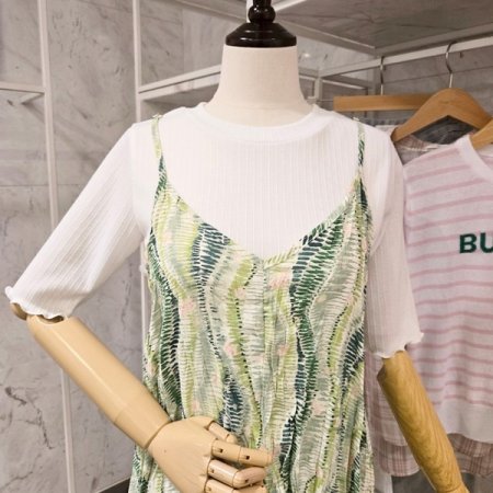 링클 프린트 끈 롱 원피스