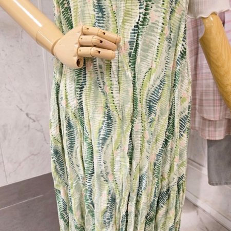 링클 프린트 끈 롱 원피스