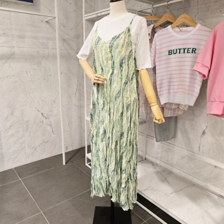 링클 프린트 끈 롱 원피스