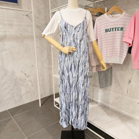 링클 프린트 끈 롱 원피스