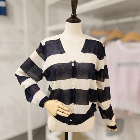 린넨 브이넥 줄무늬 가디건