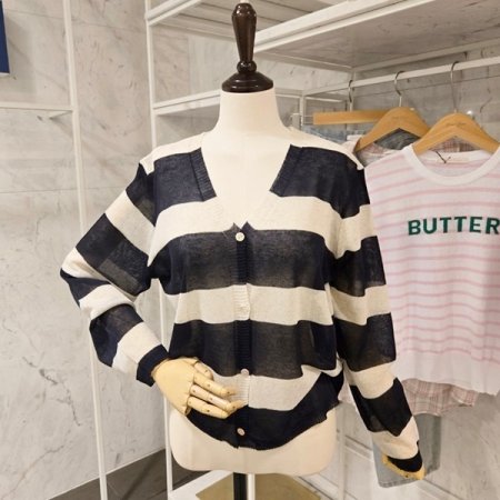 린넨 브이넥 줄무늬 가디건