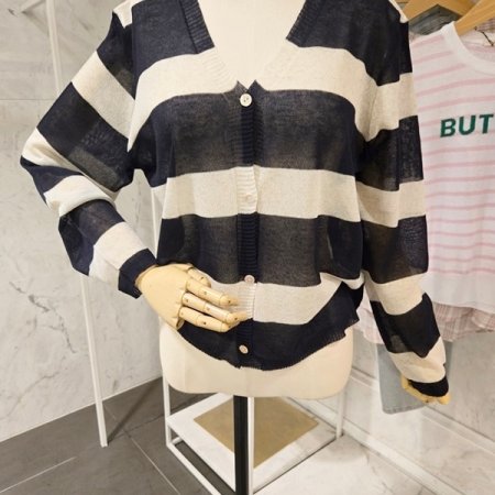 린넨 브이넥 줄무늬 가디건