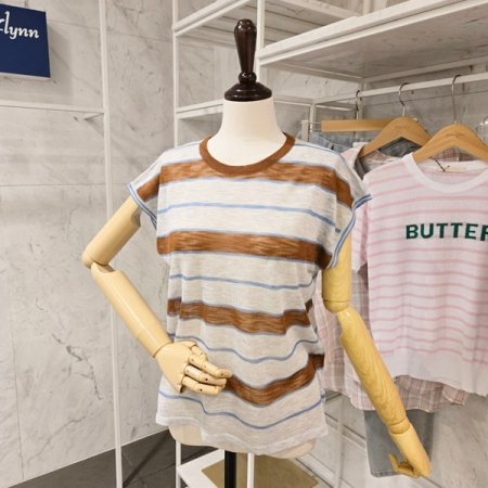 캡소매 줄무늬 민소매니트