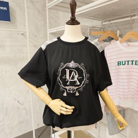 체크 프린트 스트링 티셔츠