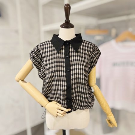 스트링 체크 카라 블라우스