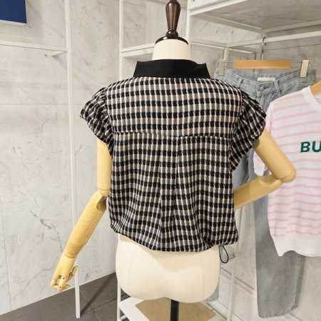 스트링 체크 카라 블라우스