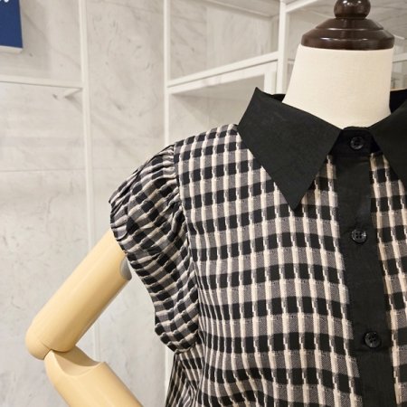 스트링 체크 카라 블라우스