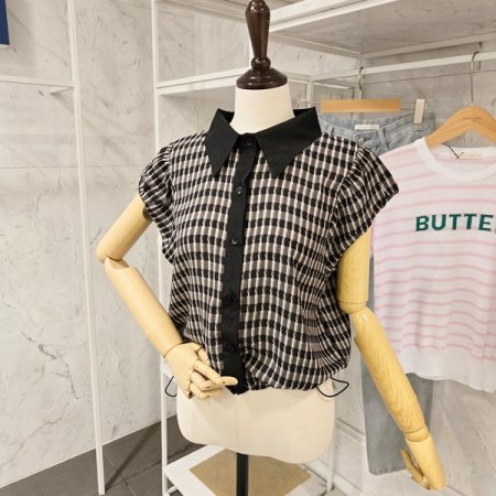 스트링 체크 카라 블라우스