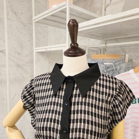 스트링 체크 카라 블라우스