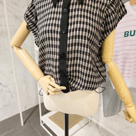 스트링 체크 카라 블라우스