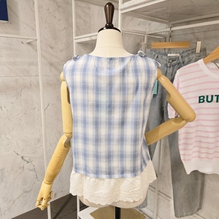 체크 리본 민소매 블라우스