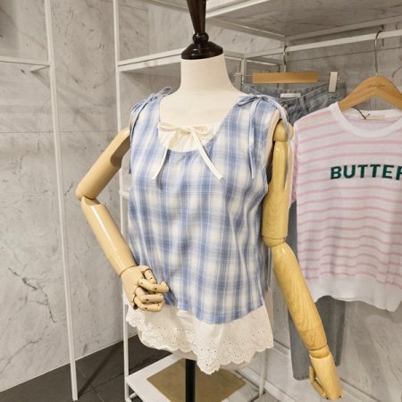 체크 리본 민소매 블라우스