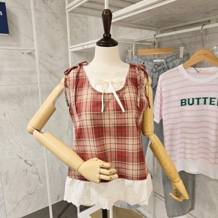 체크 리본 민소매 블라우스