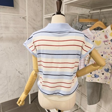 캡소매 줄무늬 카라 니트