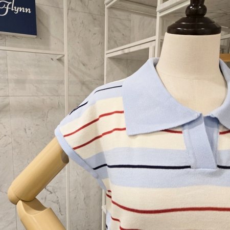 캡소매 줄무늬 카라 니트