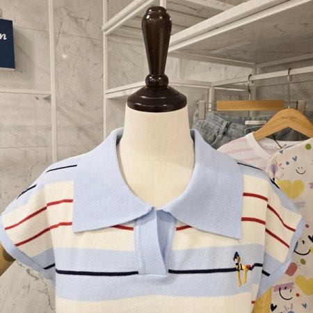 캡소매 줄무늬 카라 니트