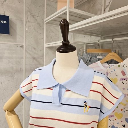 캡소매 줄무늬 카라 니트