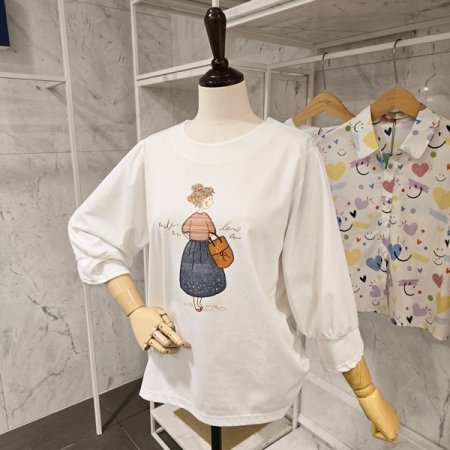 프린트 7부 절개소매 티셔츠