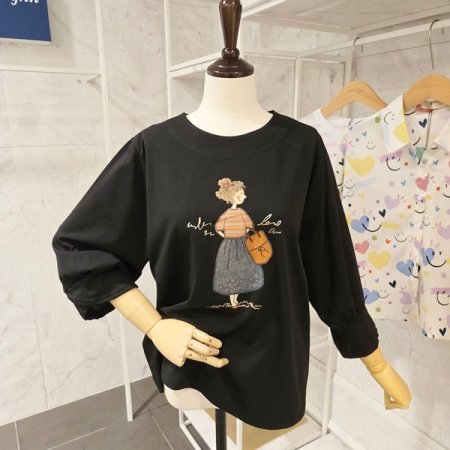 프린트 7부 절개소매 티셔츠