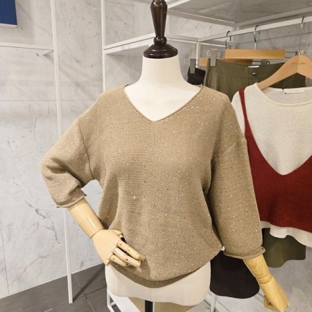 스팽글 브이넥 니트