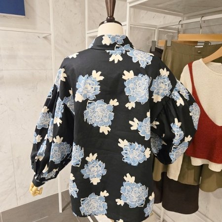 블루 플라워 벌룬 셔츠